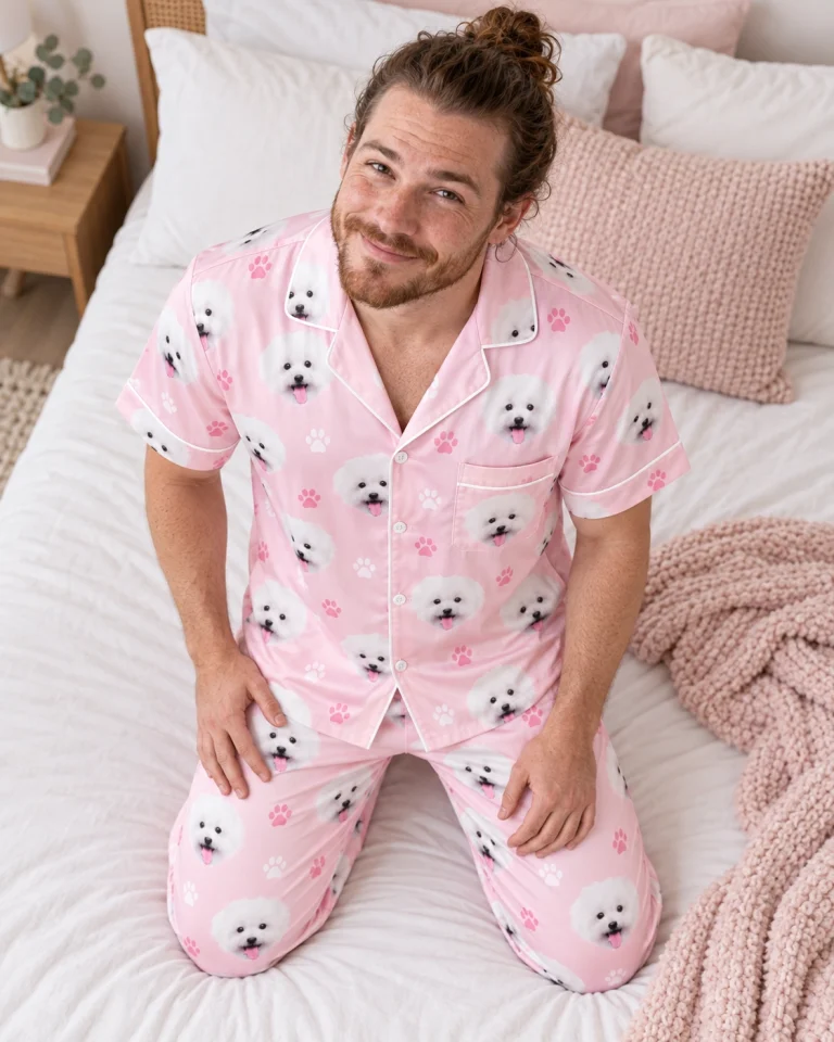 Man posing in red satin pajamas, white Pomeranian faces on blush pink paw-print satin — MyDogPics