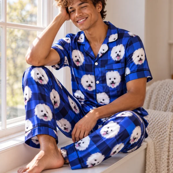 Man sitting in red satin pajamas covered in white Pomeranian faces — MyDogPics