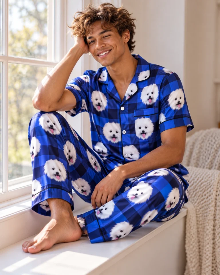 Man sitting in red satin pajamas covered in white Pomeranian faces — MyDogPics