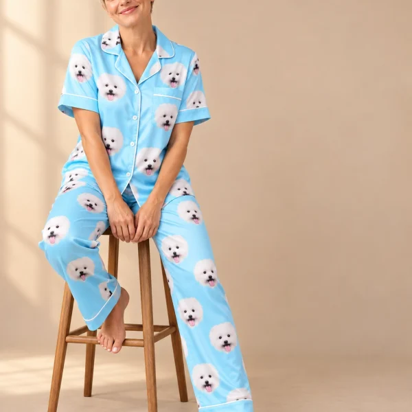 Woman sitting in red satin pajamas covered in white Pomeranian faces — MyDogPics