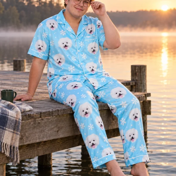Man sitting in red satin pajamas covered in white Pomeranian faces — MyDogPics