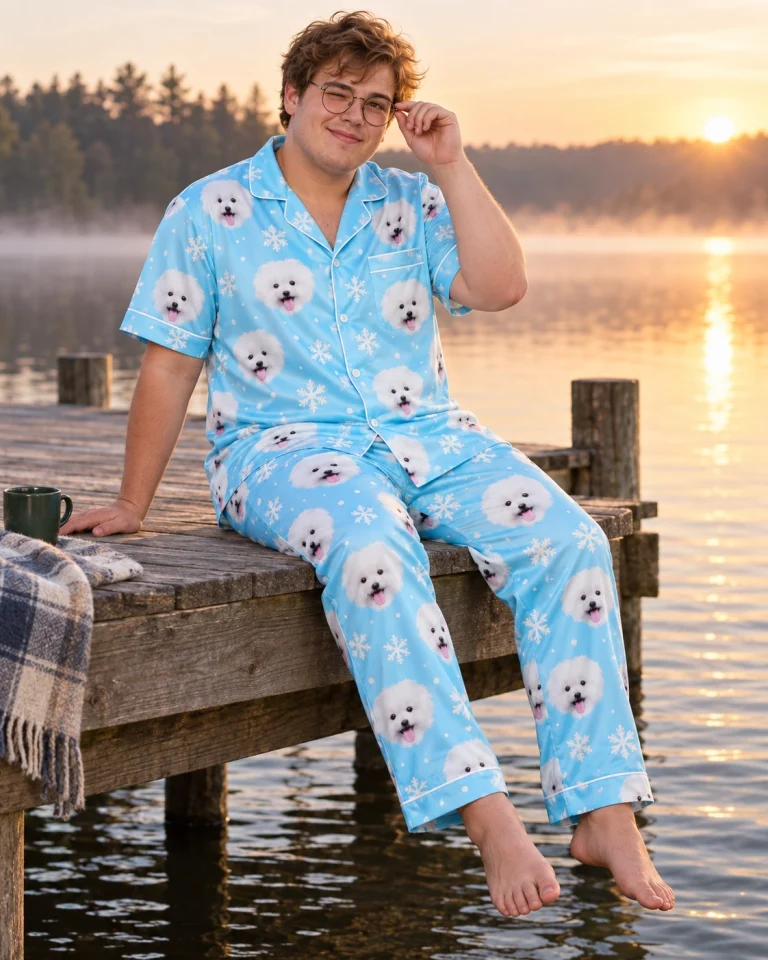 Man sitting in red satin pajamas covered in white Pomeranian faces — MyDogPics
