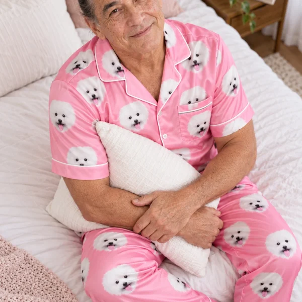 Man sitting in red satin pajamas covered in white Pomeranian faces — MyDogPics