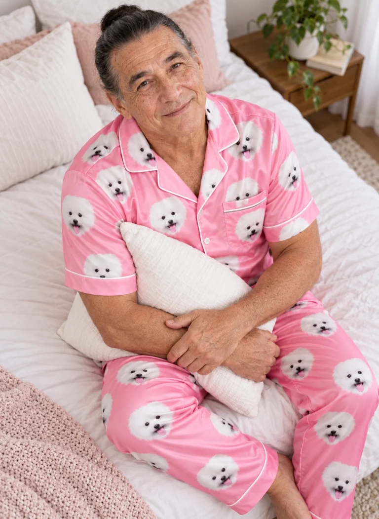Man sitting in red satin pajamas covered in white Pomeranian faces — MyDogPics