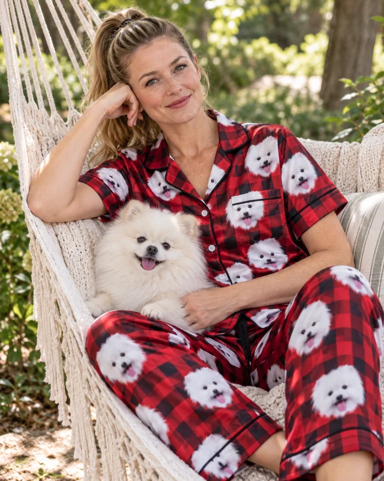 Woman in red satin pajamas with her Pomeranian — MyDogPics