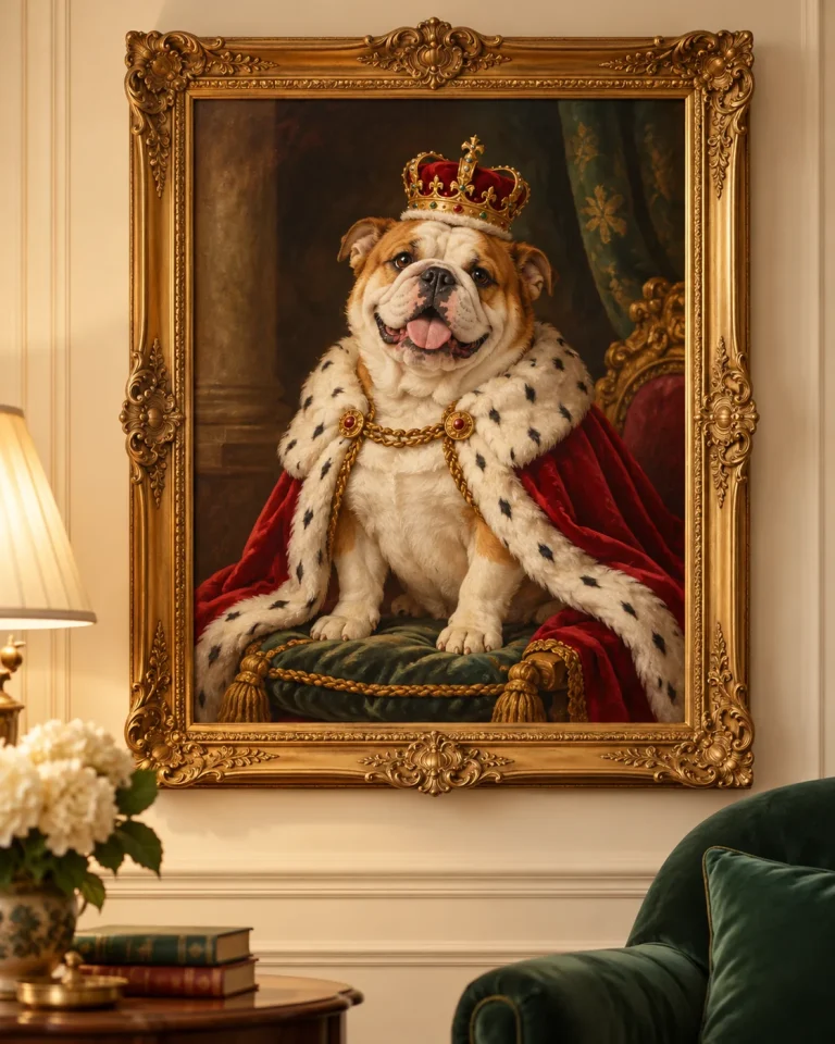 Framed royal portrait of an English bulldog in a crown and ermine cape — MyDogPics royal pet portraits