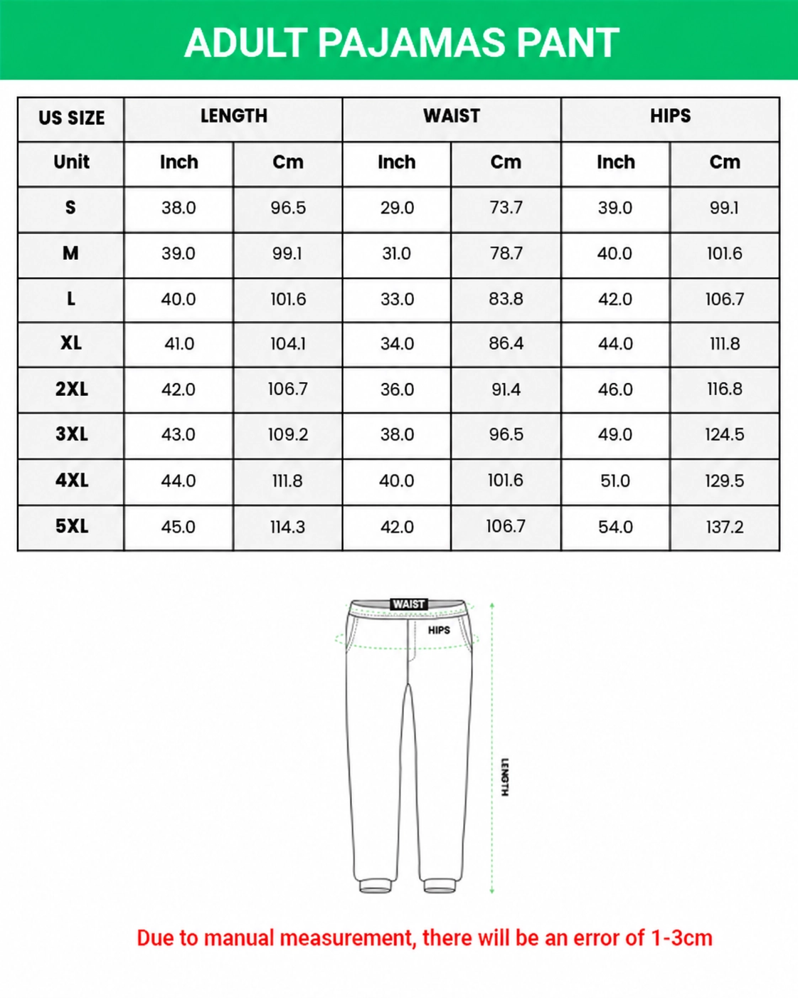 Satin pajama pants size chart (S–5XL) | MyDogPics Satin pajama pants size chart (S–5XL) in inches and cm — MyDogPics