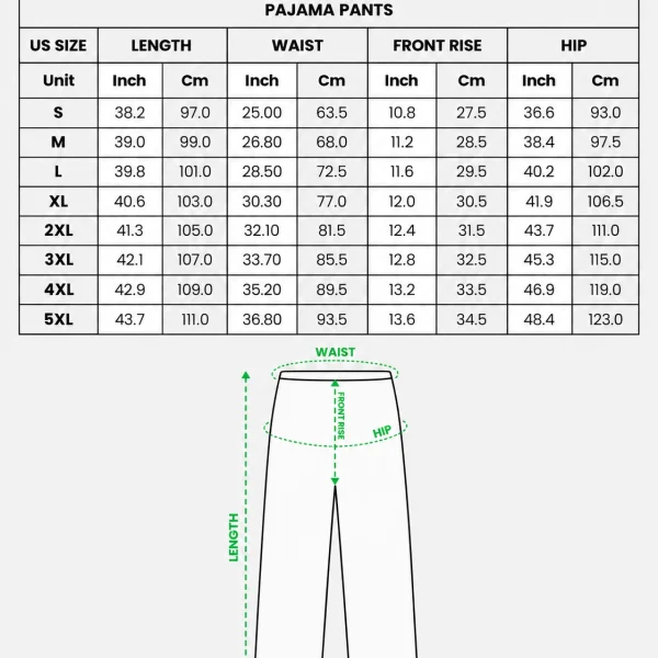 Satin pajama set size chart — pants (S–5XL) in inches and cm — MyDogPics