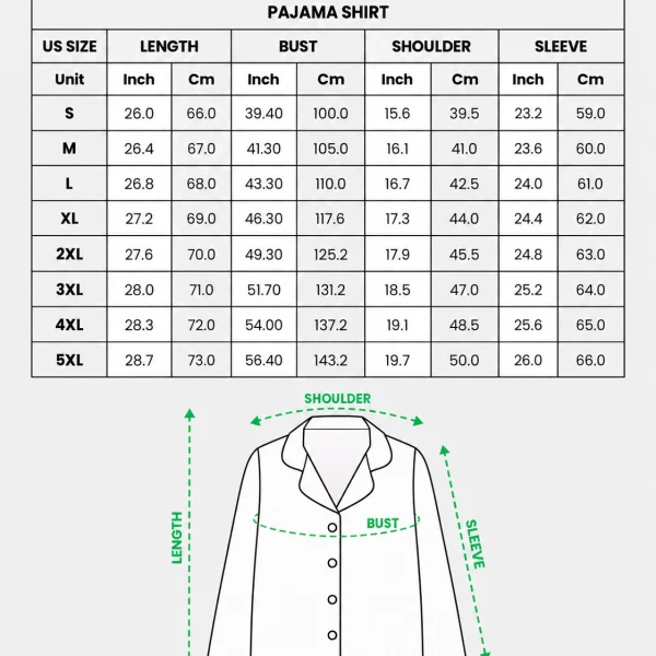 Satin pajama set size chart — shirt (S–5XL) in inches and cm — MyDogPics