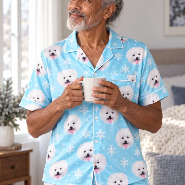 Close-up of the satin pajamas for men print: white Pomeranian faces on light blue snowflake satin — MyDogPics