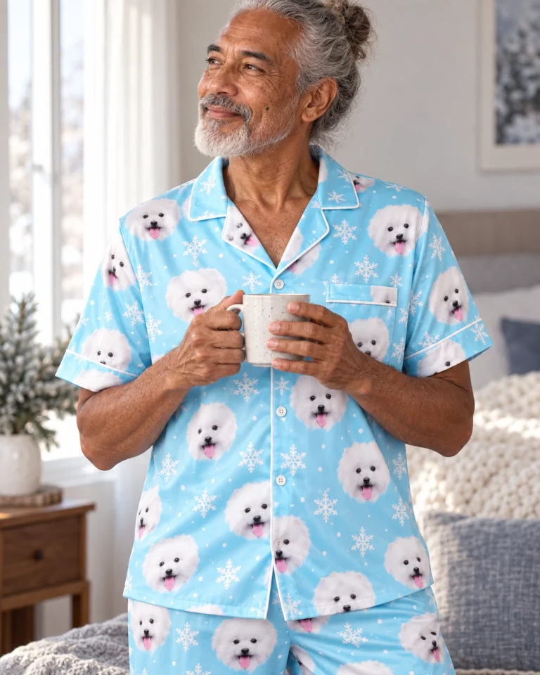 Close-up of the satin pajamas for men print: white Pomeranian faces on light blue snowflake satin — MyDogPics