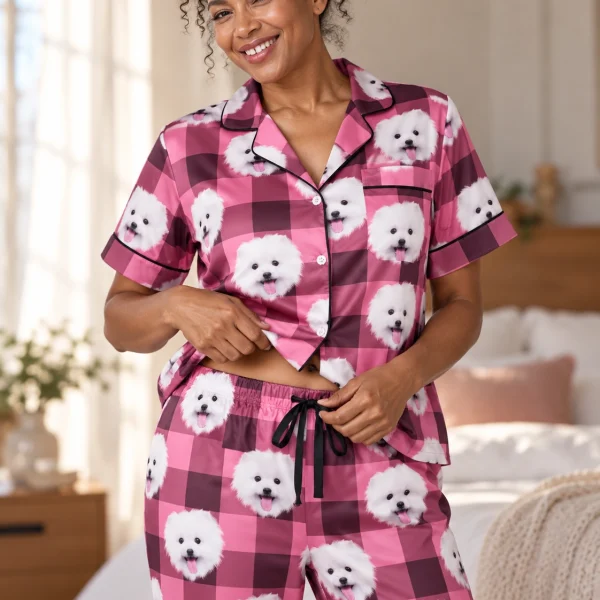 Close-up of the satin pajamas for men print: white Pomeranian faces on pink plaid satin — MyDogPics