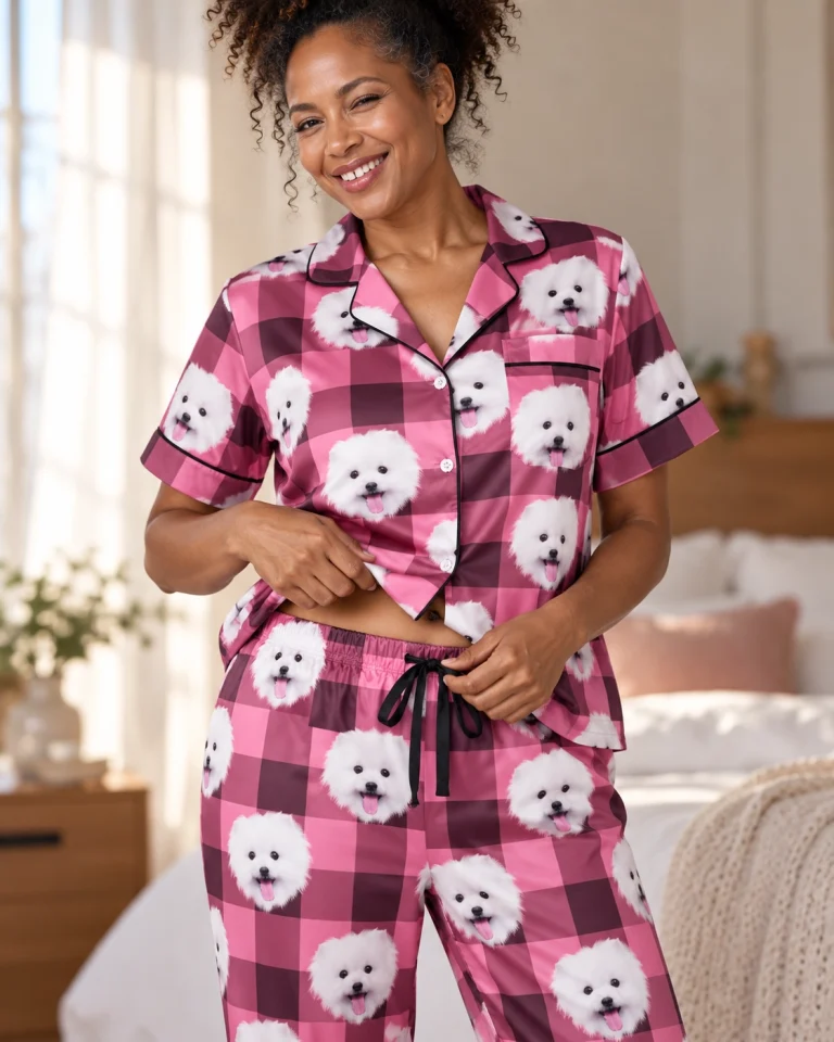 Close-up of the satin pajamas for men print: white Pomeranian faces on pink plaid satin — MyDogPics