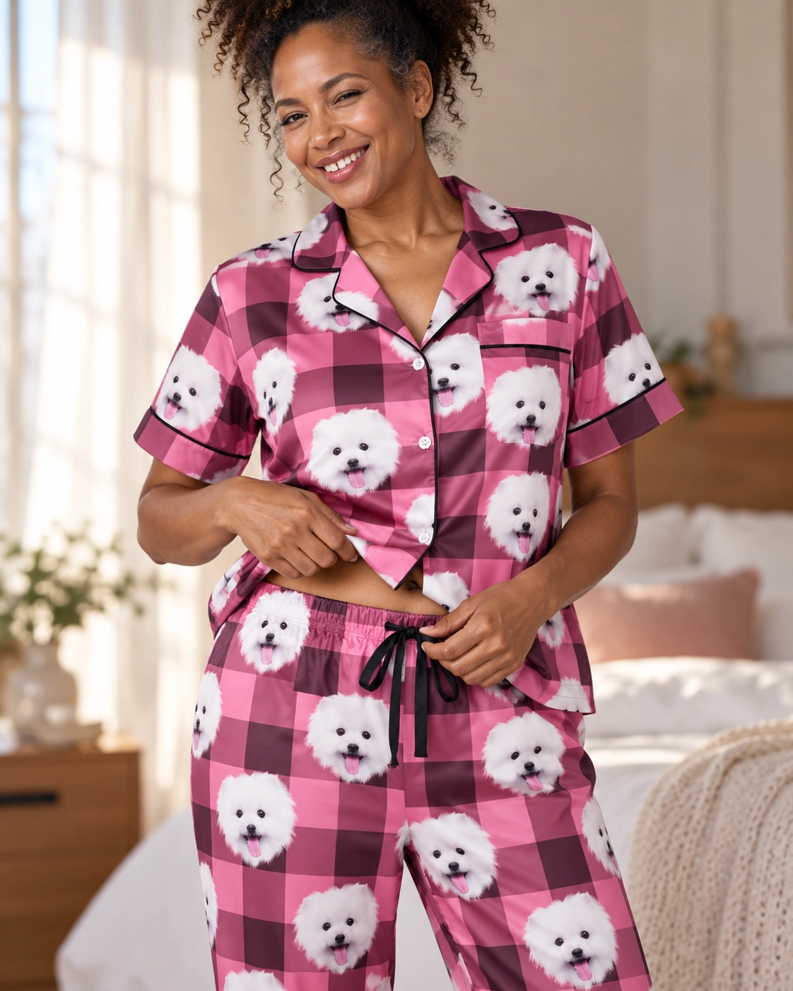 Satin Pajamas for Men – Print Close-Up, Pink Plaid | MyDogPics Close-up of the satin pajamas for men print: white Pomeranian faces on pink plaid satin — MyDogPics