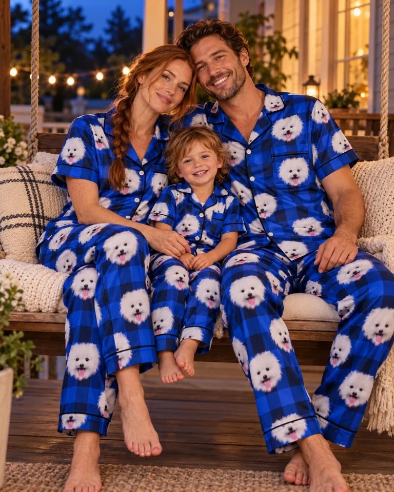Woman and her family in matching satin pajamas for men with white Pomeranian faces on blue plaid satin — MyDogPics