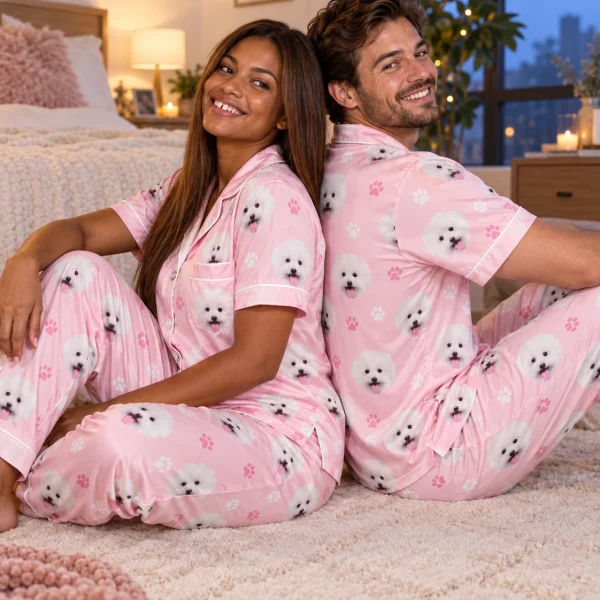 Woman and her partner in matching satin pajamas for men with white Pomeranian faces on blush pink paw-print satin — MyDogPics