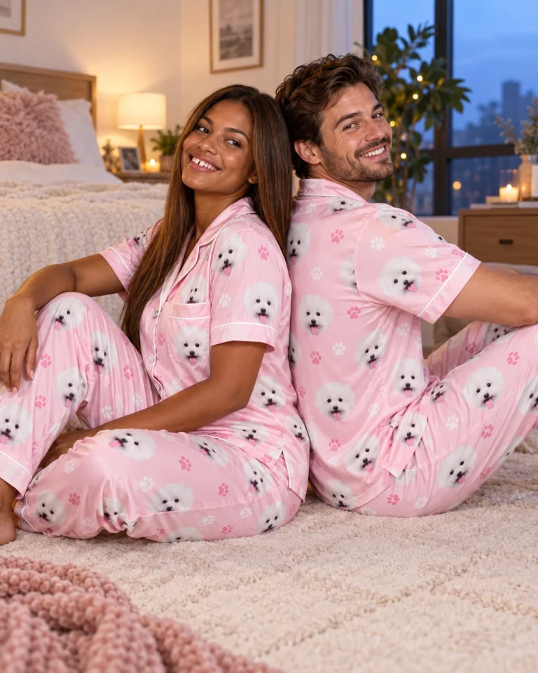 Woman and her partner in matching satin pajamas for men with white Pomeranian faces on blush pink paw-print satin — MyDogPics