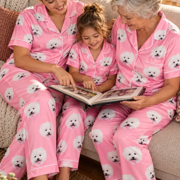 Woman and her family in matching satin pajamas for men with white Pomeranian faces on pink satin — MyDogPics