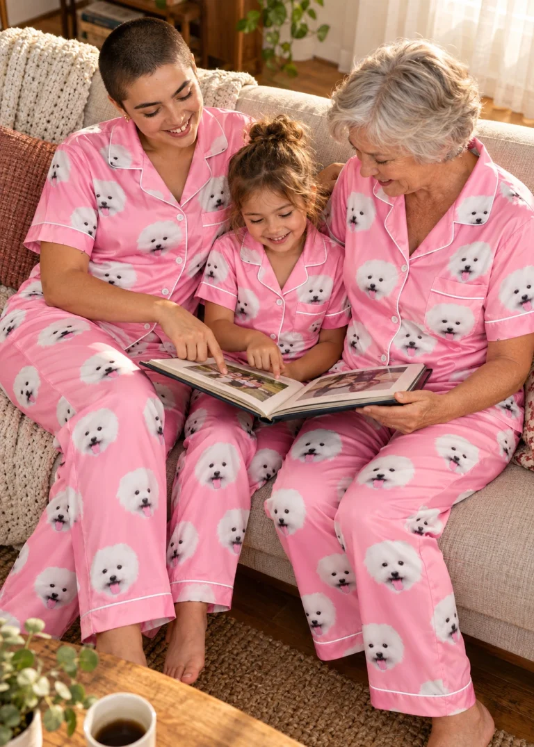 Woman and her family in matching satin pajamas for men with white Pomeranian faces on pink satin — MyDogPics