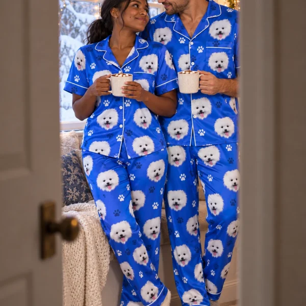 Woman and her partner in matching satin pajamas for men with white Pomeranian faces on royal blue paw-print satin — MyDogPics