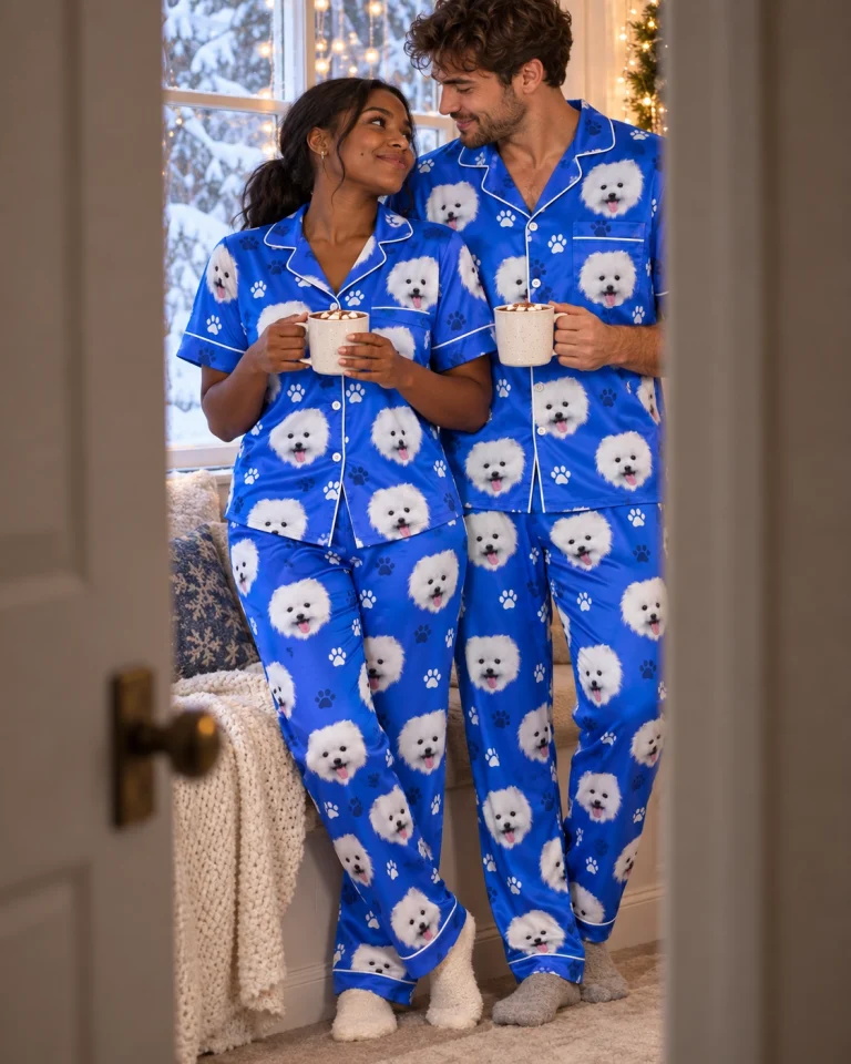 Woman and her partner in matching satin pajamas for men with white Pomeranian faces on royal blue paw-print satin — MyDogPics