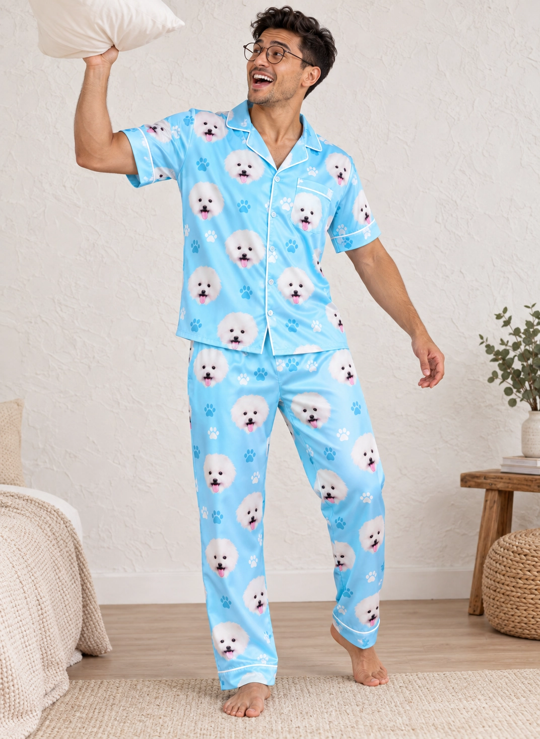 Satin Pajamas for Men – Pose, Light Blue Paw-Print | MyDogPics Man posing in a satin pajamas for men, white Pomeranian faces on light blue paw-print satin — MyDogPics