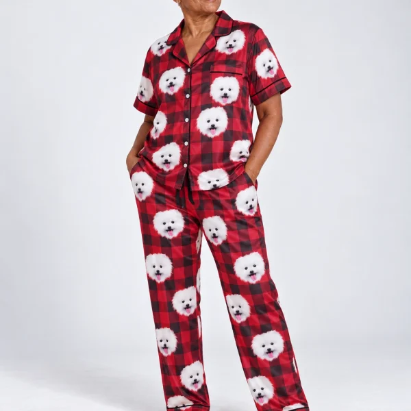 Side view of a satin pajamas for men with white Pomeranian faces on red plaid satin — MyDogPics