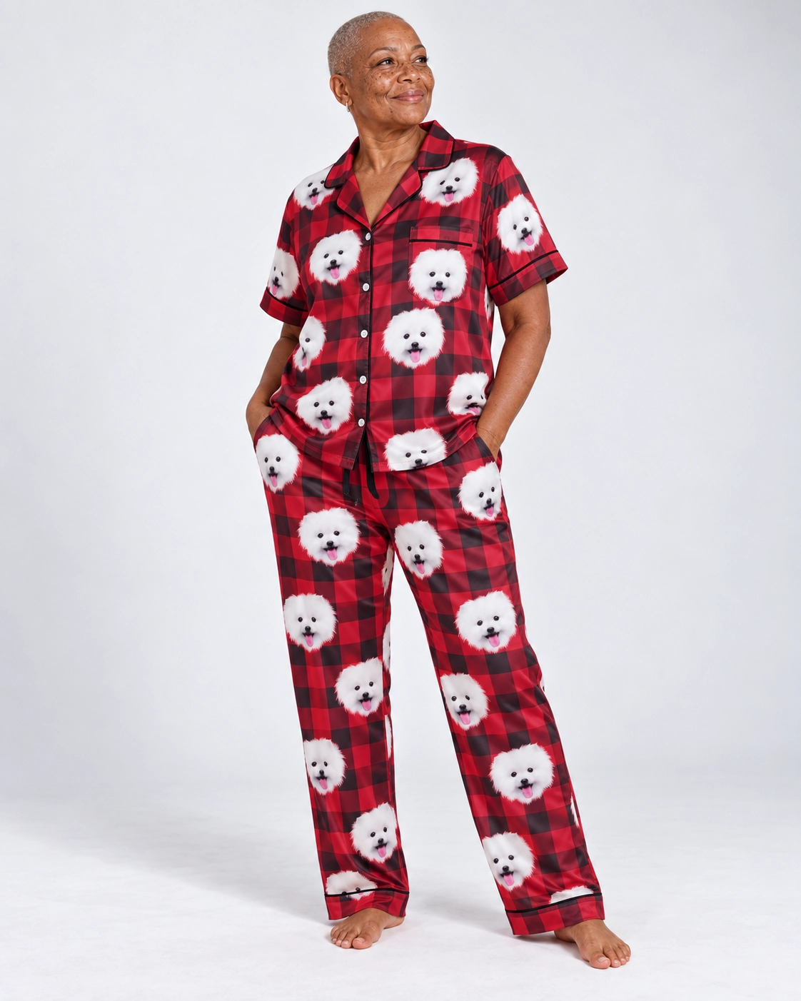 Satin Pajamas for Men – Side View, Red Plaid | MyDogPics Side view of a satin pajamas for men with white Pomeranian faces on red plaid satin — MyDogPics
