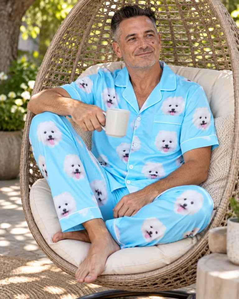 Man sitting in a satin pajamas for men covered in white Pomeranian faces — MyDogPics
