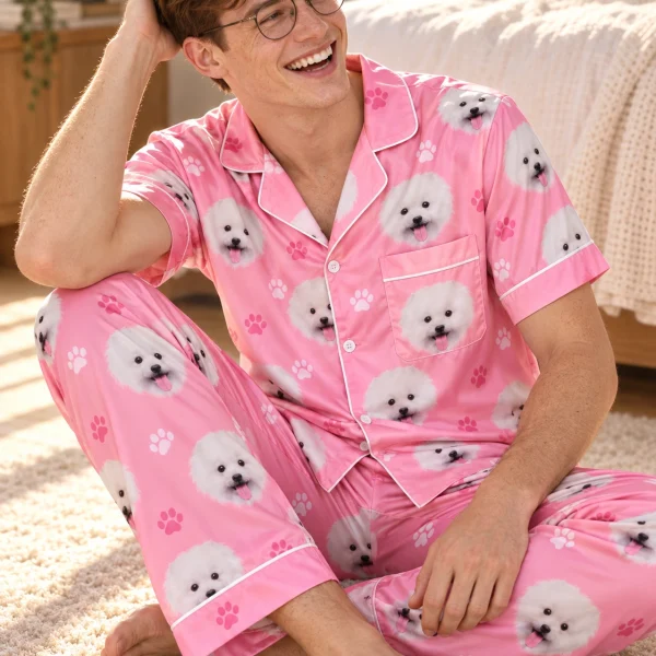 Man sitting in a satin pajamas for men covered in white Pomeranian faces — MyDogPics