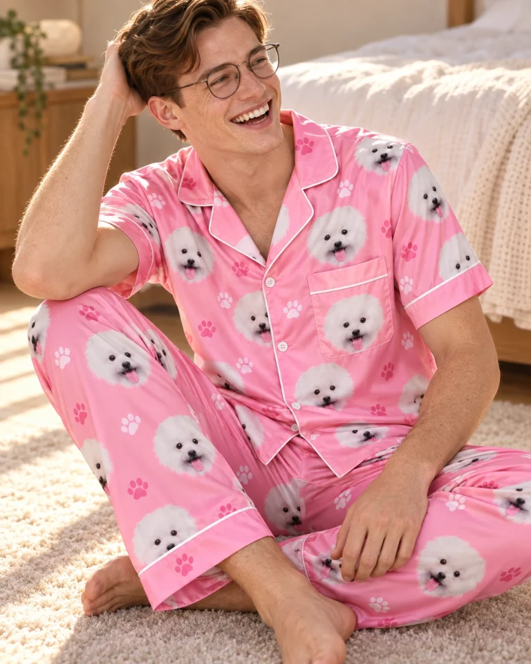 Man sitting in a satin pajamas for men covered in white Pomeranian faces — MyDogPics
