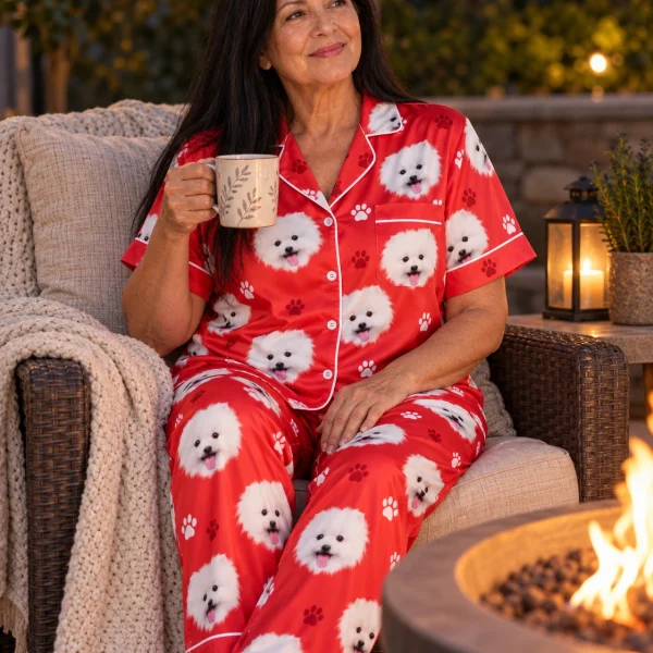 Woman sitting in a satin pajamas for men covered in white Pomeranian faces — MyDogPics