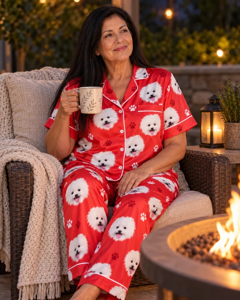 Woman sitting in a satin pajamas for men covered in white Pomeranian faces — MyDogPics