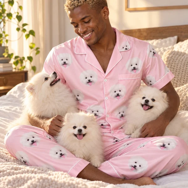 Man in a satin pajamas for men with his Pomeranian — MyDogPics