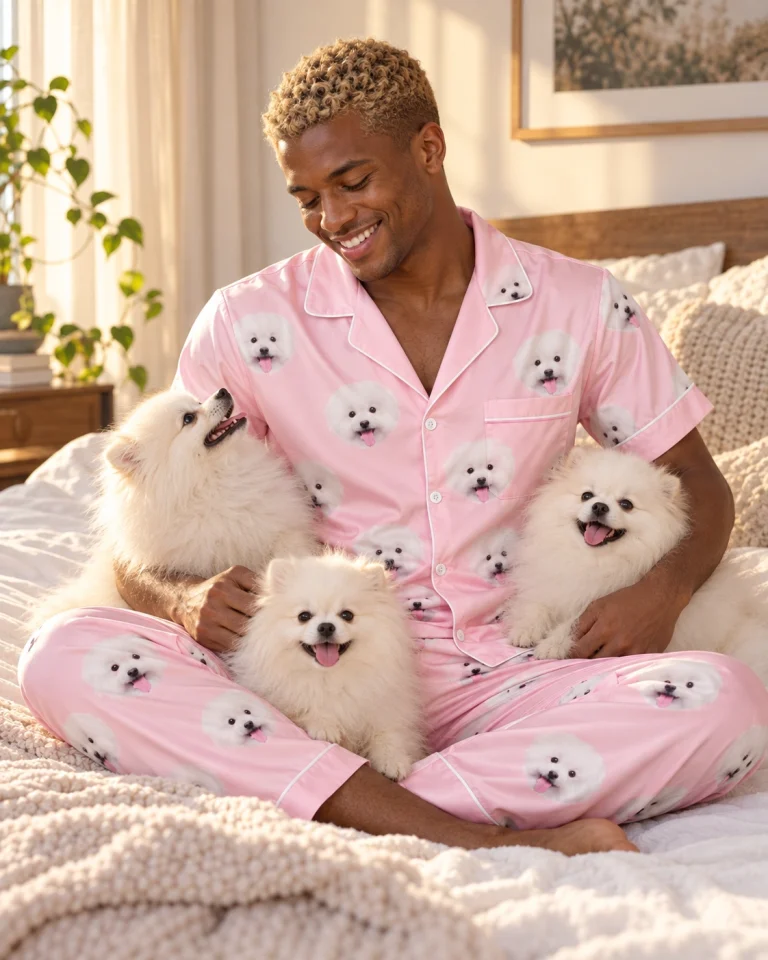 Man in a satin pajamas for men with his Pomeranian — MyDogPics