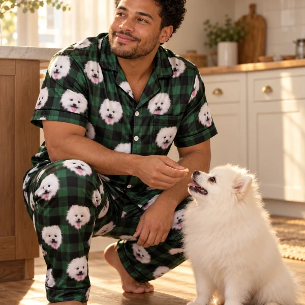Man in a satin pajamas for men with his Pomeranian — MyDogPics