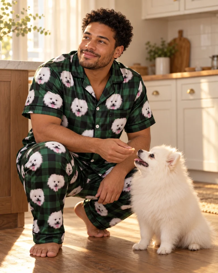 Man in a satin pajamas for men with his Pomeranian — MyDogPics