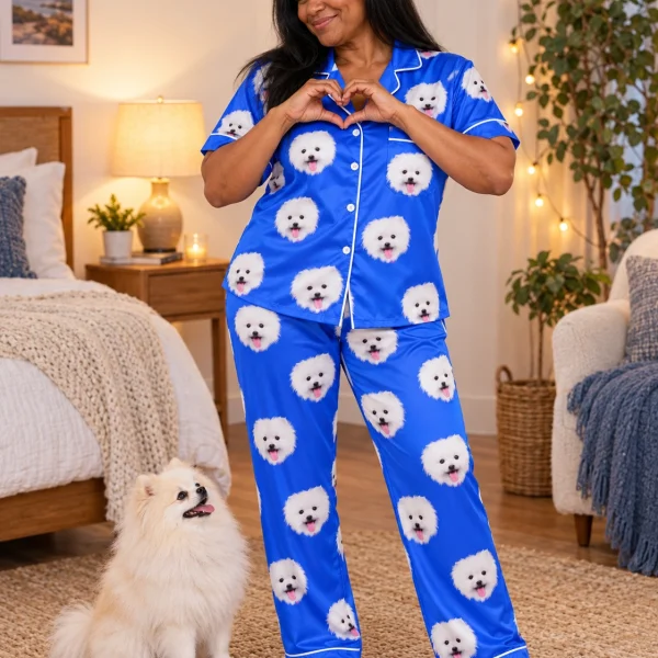 Woman in a satin pajamas for men with her Pomeranian — MyDogPics