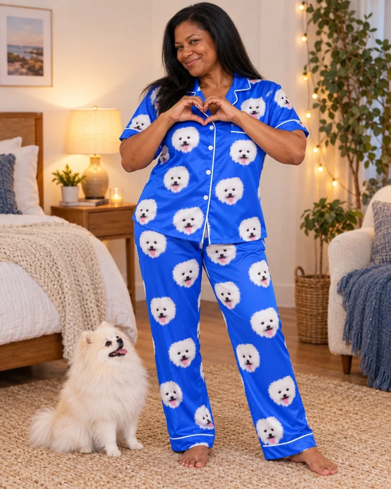 Woman in a satin pajamas for men with her Pomeranian — MyDogPics