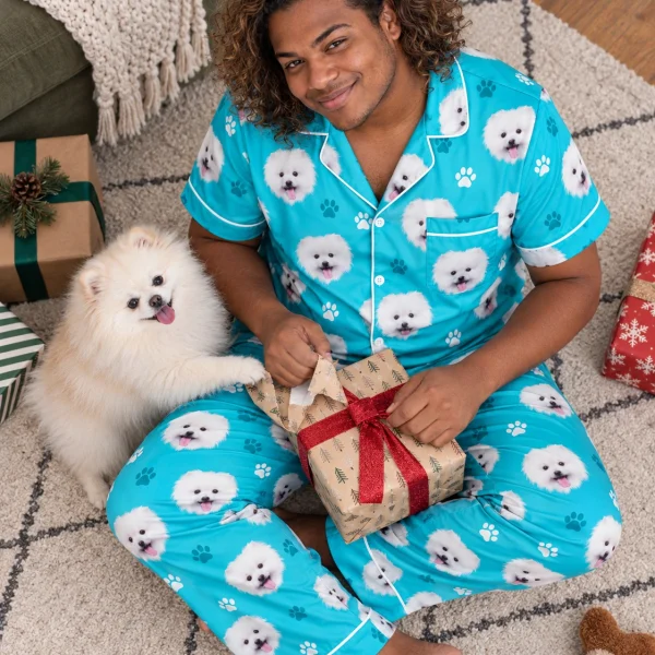 Man in a satin pajamas for men with his Pomeranian — MyDogPics