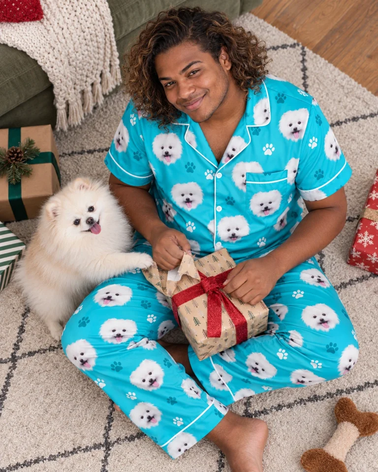 Man in a satin pajamas for men with his Pomeranian — MyDogPics
