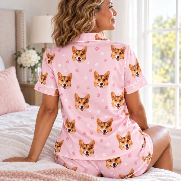 Back view of a satin pajamas for women: the print continues all the way round — MyDogPics