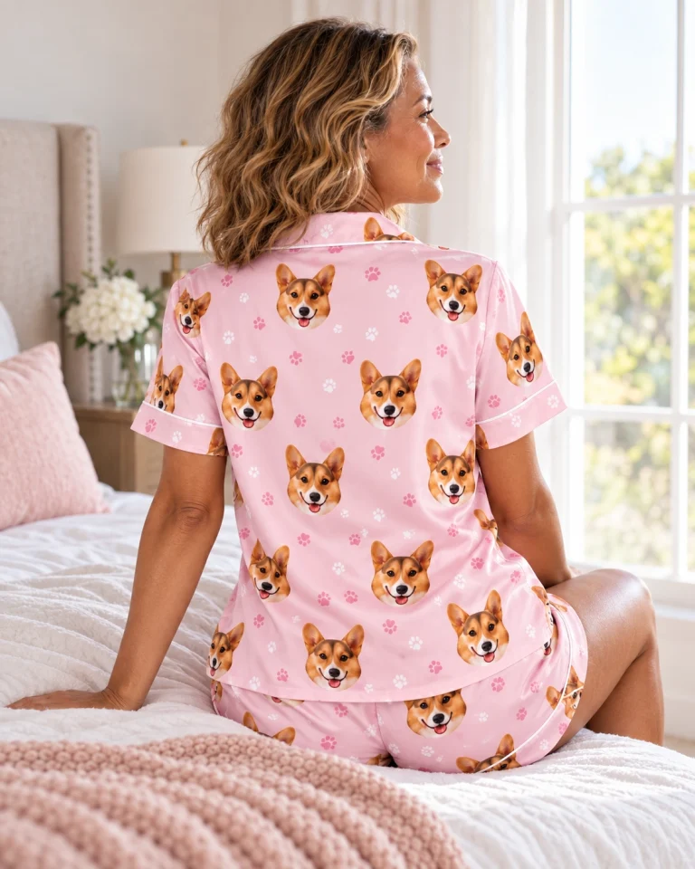 Back view of a satin pajamas for women: the print continues all the way round — MyDogPics