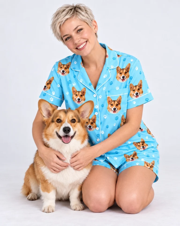 Woman in a satin pajamas for women cuddling her corgi — MyDogPics
