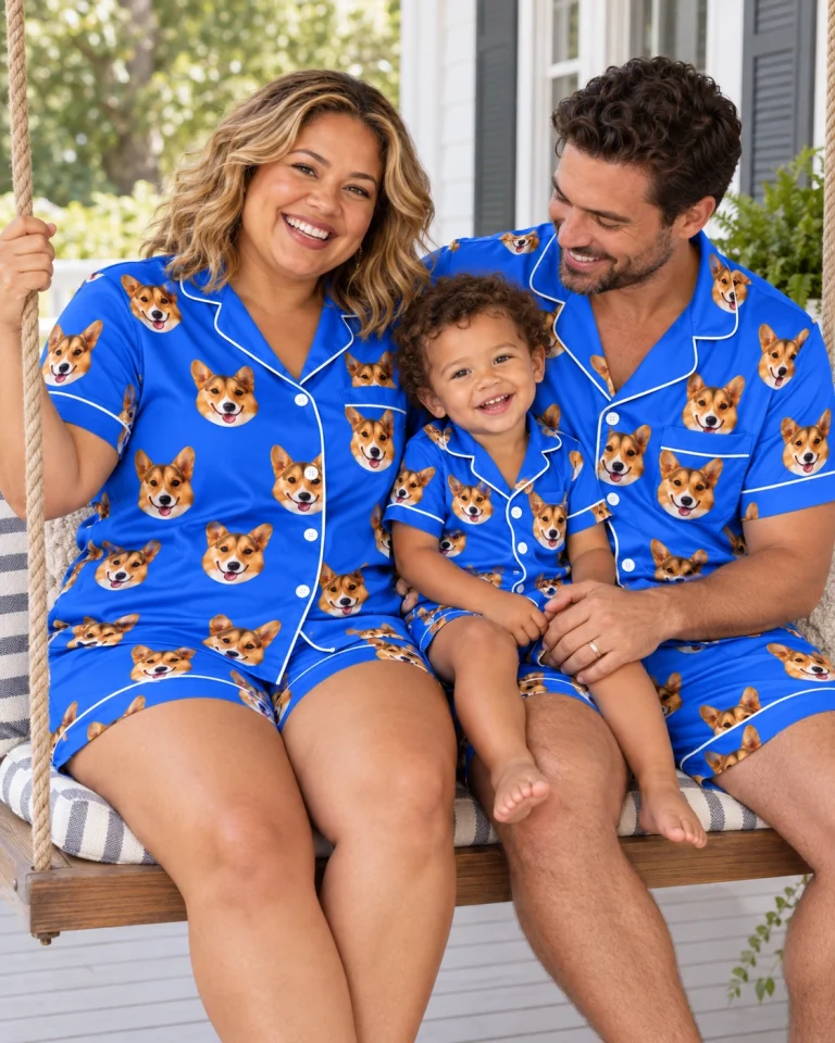 Woman and family in matching satin pajamas for women with tan-and-white corgi faces on royal blue satin — MyDogPics