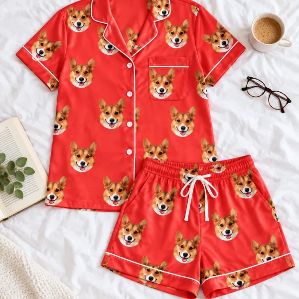Flat lay of a satin pajamas for women: shirt and shorts covered in tan-and-white corgi faces — MyDogPics