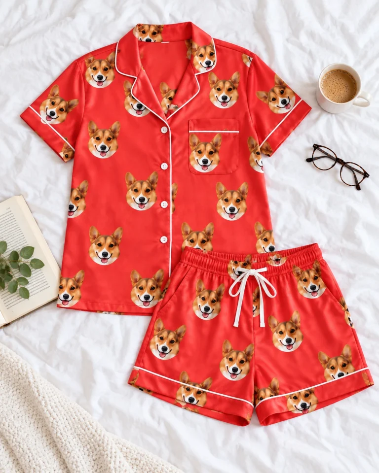 Flat lay of a satin pajamas for women: shirt and shorts covered in tan-and-white corgi faces — MyDogPics