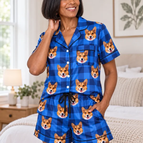 Woman wearing a satin pajamas for women covered in tan-and-white corgi faces on blue plaid satin — MyDogPics