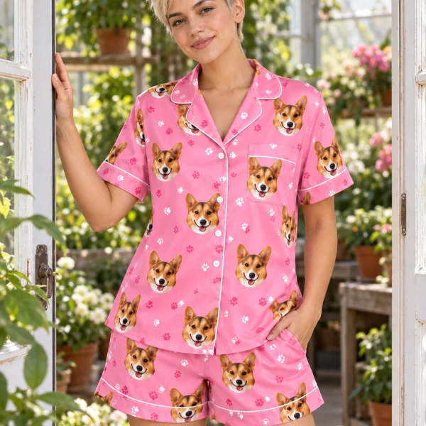 Woman wearing a satin pajamas for women covered in tan-and-white corgi faces on pink paw-print satin — MyDogPics