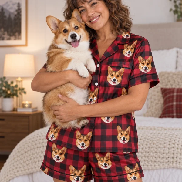 Woman in a satin pajamas for women holding her corgi — MyDogPics
